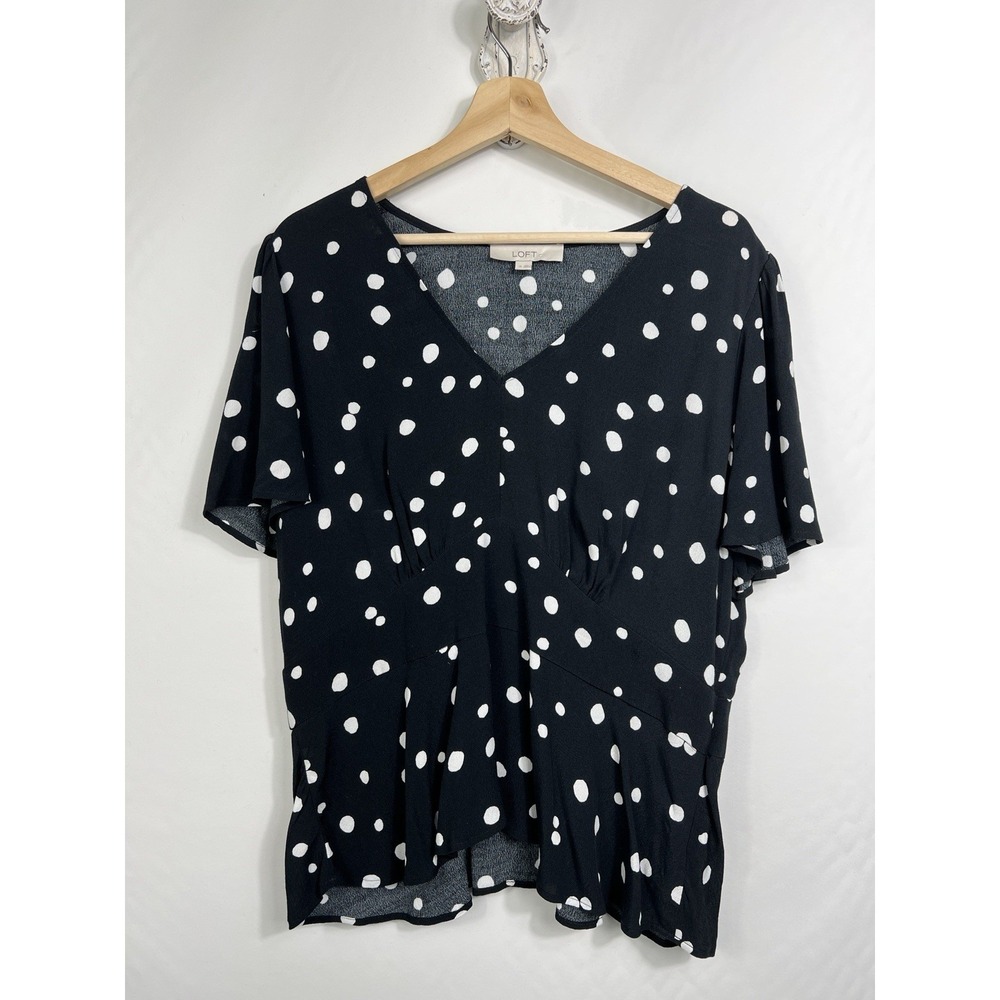 Loft Blouse Black W/White Polka‎ Dot Peplum Top Size 14 Short Sleeve Size Zip